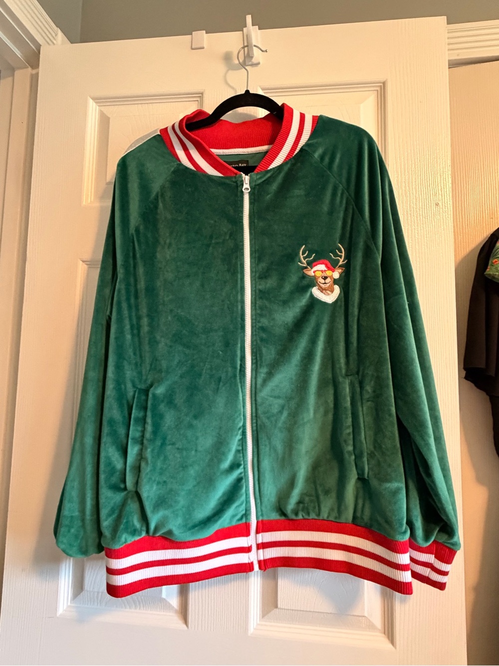 Green Holiday Reindeer Bomber style zip up  - Velour Zip Front